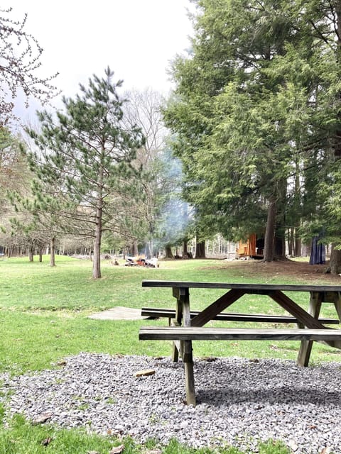 The Hemlock Haus Cook Forest Cabins has a dedicated picnic and fire ring area.