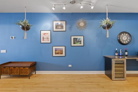 Our living room complete with pictures of iconic chicago landmarks!