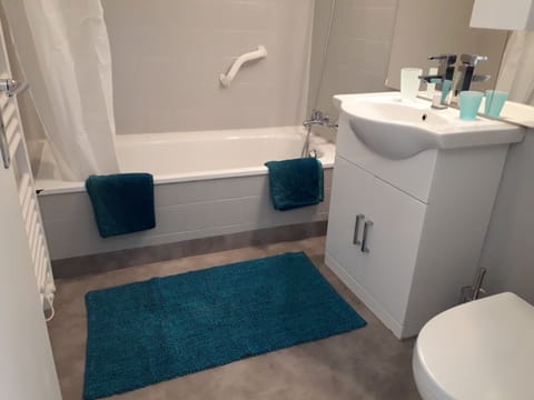 Combined shower/tub, hair dryer, towels, toilet paper