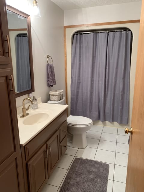 Combined shower/tub, hair dryer, towels, soap