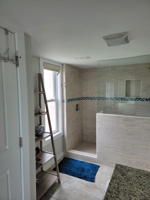 Combined shower/tub, hair dryer, towels, toilet paper