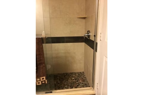 Combined shower/tub, hair dryer, towels