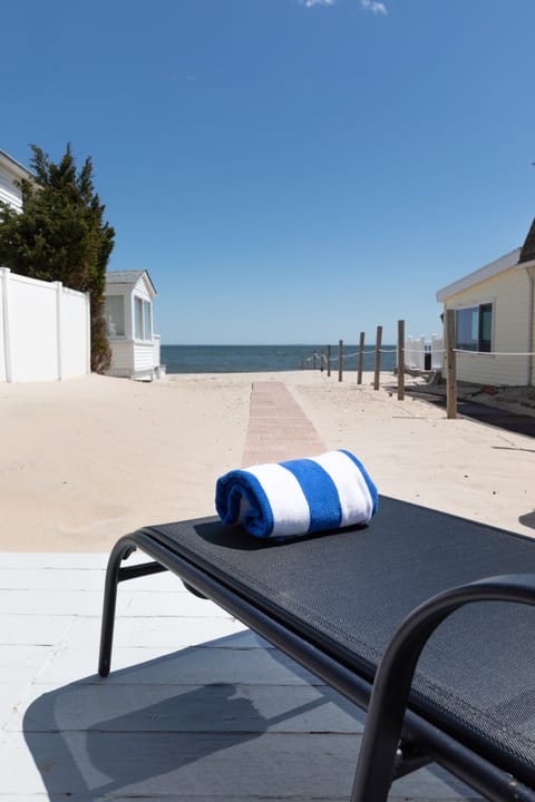 On the beach, sun loungers