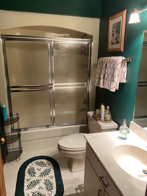 Combined shower/tub, hair dryer, towels, soap