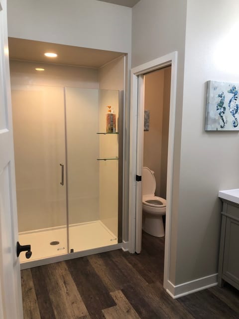 Combined shower/tub, hair dryer, towels, toilet paper