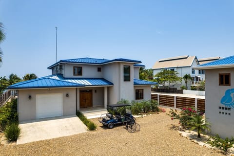 Front shot: driveway and garage(left), property golf cart and bicycles, and front door.