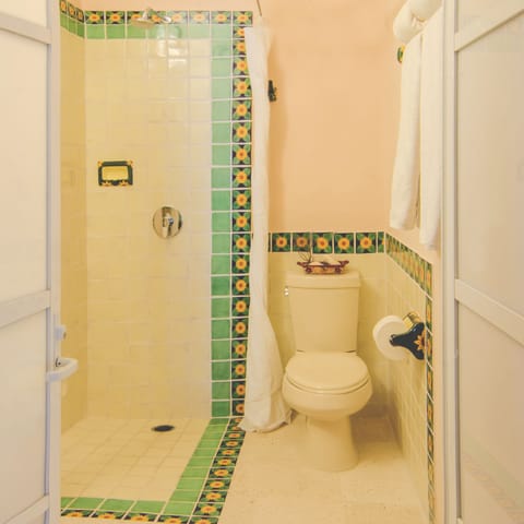 Combined shower/tub, hair dryer, toilet paper