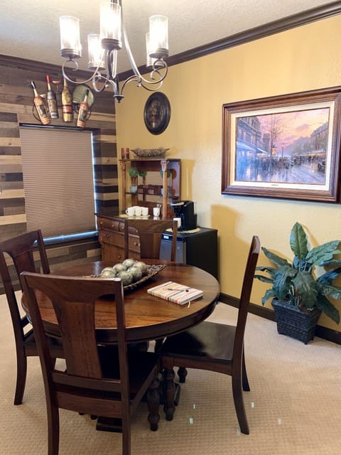 A different view of the common are with the coffee bar and fridge.