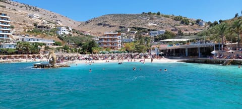 On the beach, sun loungers