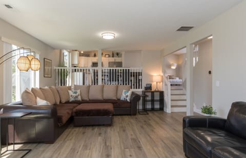 Large sectional, additional leather couch (queen pullout), and lots of space for sleeping.