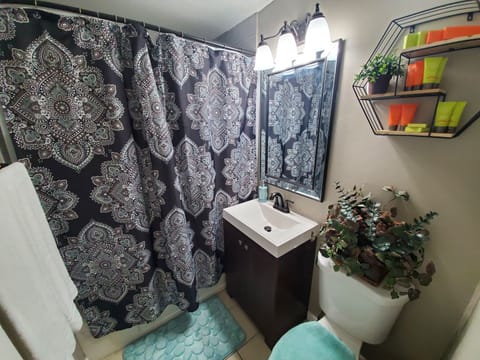 Combined shower/tub, hair dryer, towels, soap