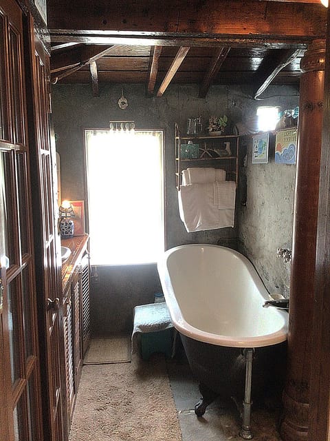 Bathtub, hair dryer, towels, soap