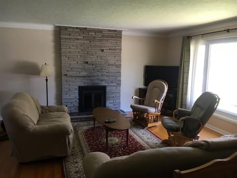 Living room with non-working fireplace.