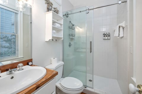 Combined shower/tub, hair dryer, towels