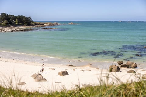 On the beach, sun loungers