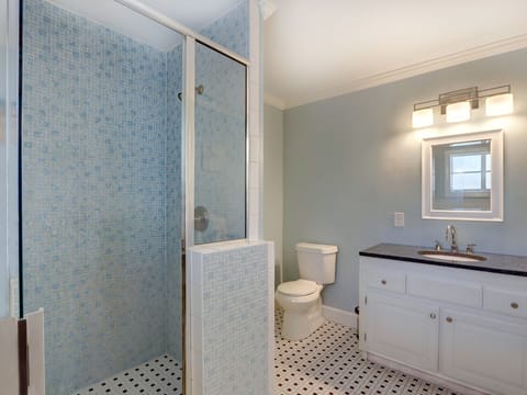 Combined shower/tub, hair dryer, towels