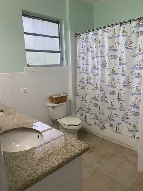 Combined shower/tub, hair dryer, towels, soap