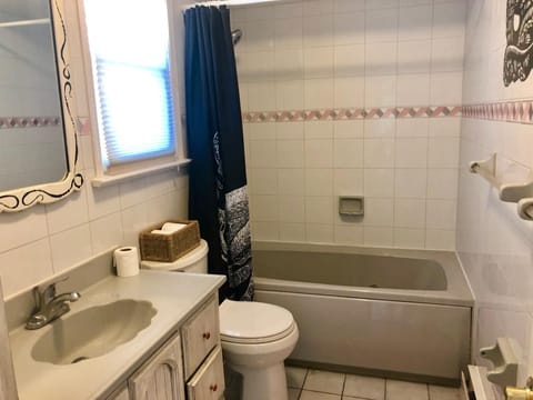 Combined shower/tub, hair dryer, towels, soap