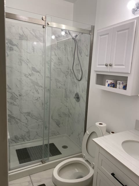 Combined shower/tub, towels, soap, toilet paper