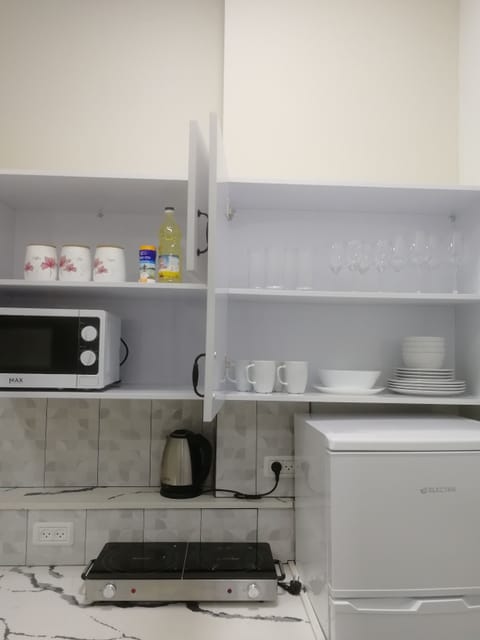 Fridge, microwave, electric kettle, cookware/dishes/utensils