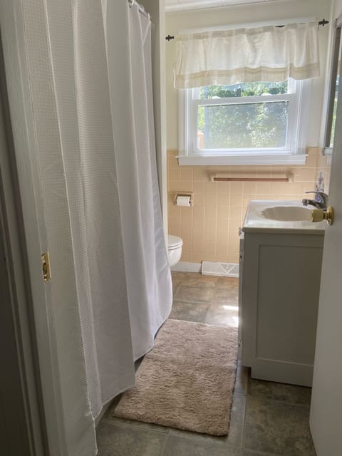 Combined shower/tub, hair dryer, towels, soap