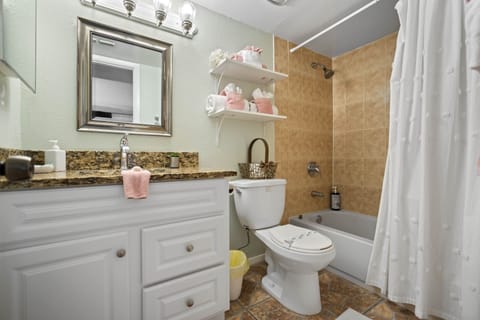 Combined shower/tub, hair dryer, towels, soap