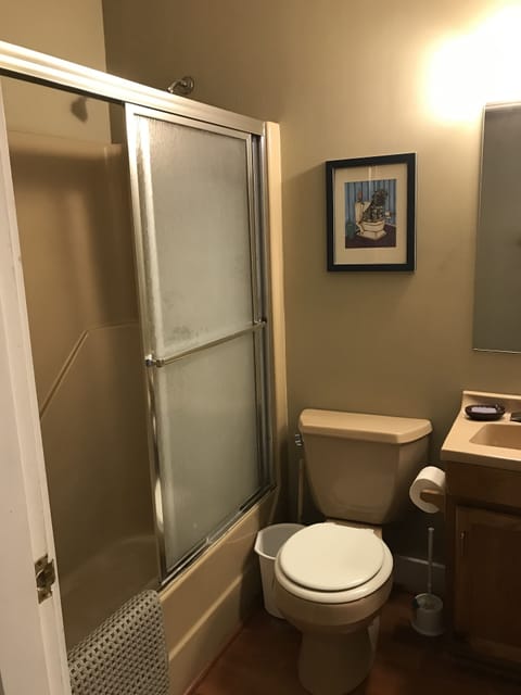 Combined shower/tub, hair dryer, towels, soap