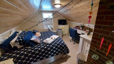 Bedroom 4 upstairs.  King bed and cot .  Roku TV,  DVD player, noise maker, air 