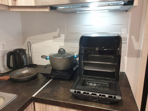 Fridge, microwave, oven, electric kettle