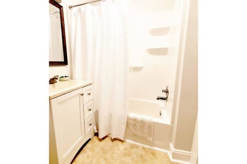 Combined shower/tub, hair dryer, towels, soap