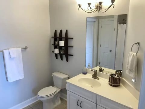 Combined shower/tub, hair dryer, towels, toilet paper