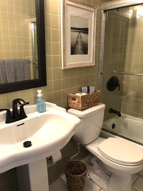 Combined shower/tub, hair dryer, towels, toilet paper