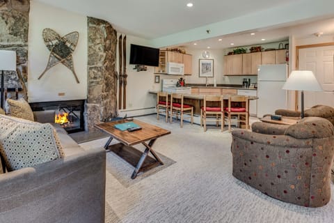 Living room with wood-burning fireplace