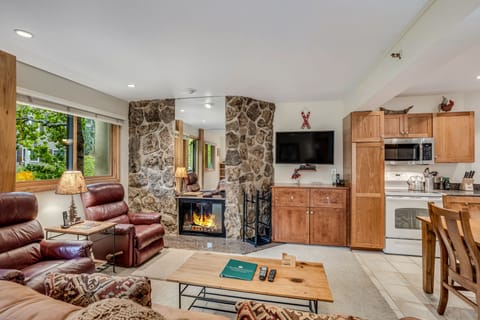 Living room with wood-burning fireplace