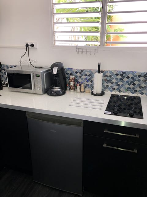 Fridge, microwave, stovetop, coffee/tea maker