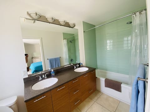 Combined shower/tub, hair dryer, towels, soap