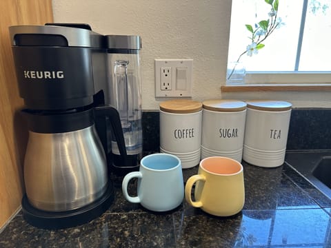 Keurig Plus K-Duo (cup and drip coffee), creamer, sugar, sugar substitute