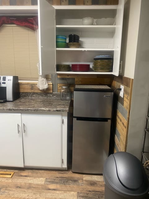 Fridge, microwave, coffee/tea maker, toaster