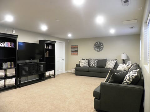 Smart TV, fireplace, DVD player, books