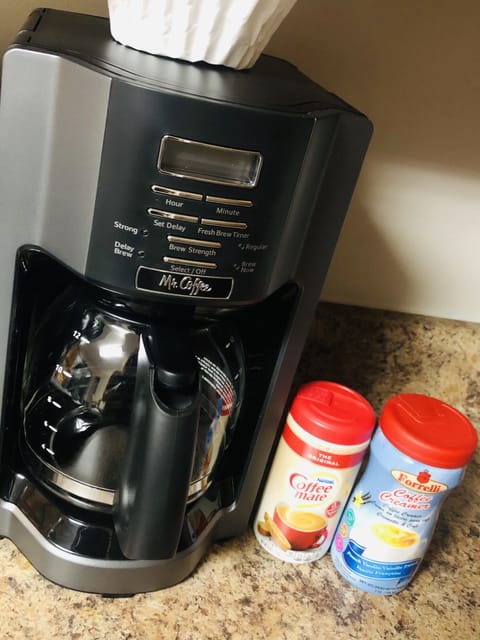 A Keurig has replaced the full pot. K cups provided