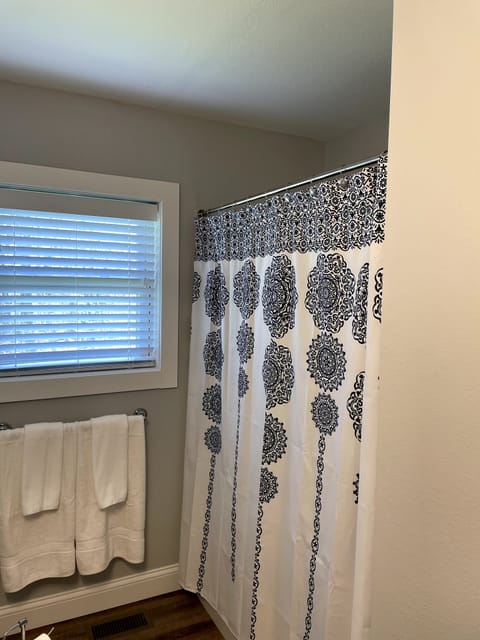 Combined shower/tub, hair dryer, towels, soap