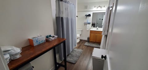 Combined shower/tub, hair dryer, towels, soap