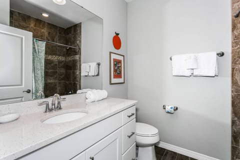 Combined shower/tub, hair dryer, towels