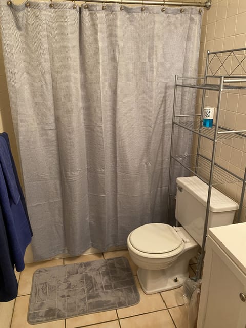 Combined shower/tub, hair dryer, towels, soap