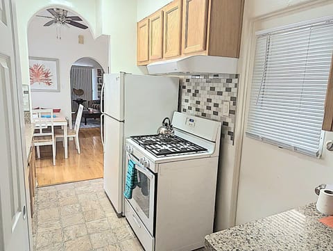 Full refrigerator and full gas stove and cooktop. We provide tons of spices, oils, sprays and other cooking items for you to enjoy.