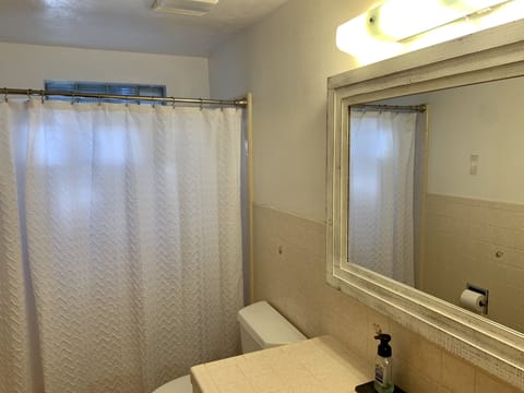 Combined shower/tub, hair dryer, towels, soap