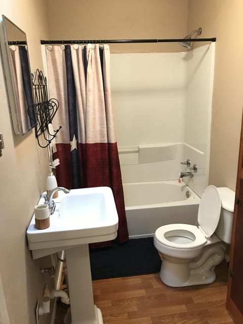 Combined shower/tub, hair dryer, towels, soap