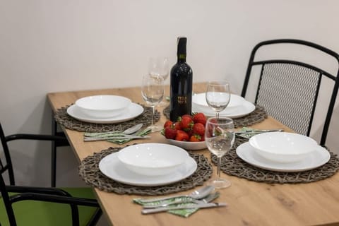 Dining area with tableware.