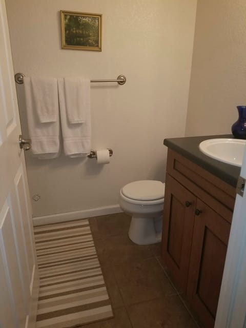 Combined shower/tub, towels, toilet paper