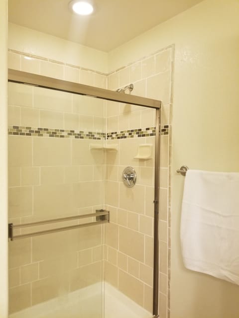 Combined shower/tub, towels, toilet paper